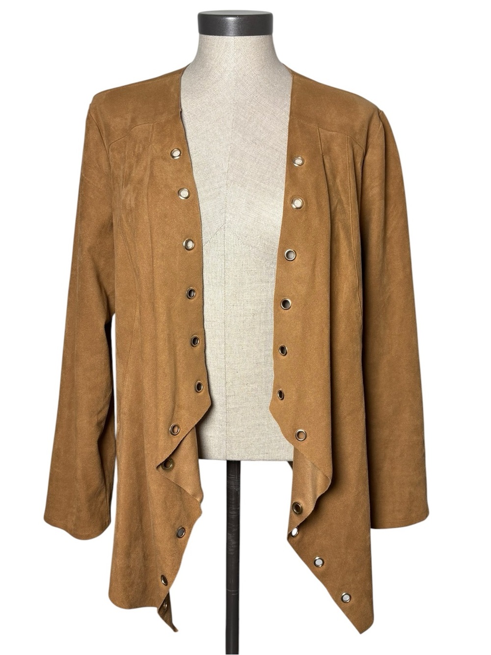 Chico’s Faux Suede Grommet Drape Jacket Size 2 Large Brown Camel Western Boho